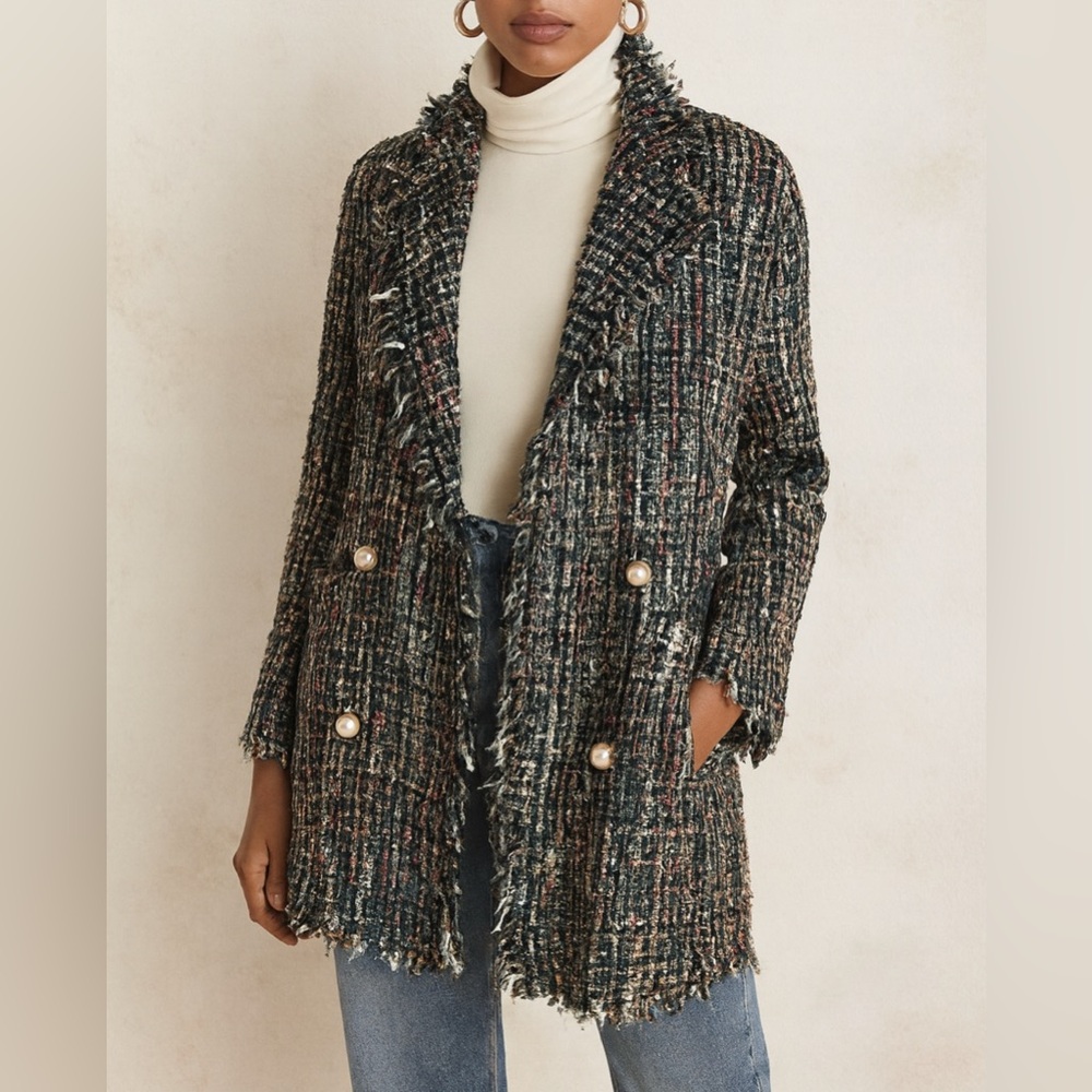 SANS SOUCI Womens sz S Tweed Metallic Fringe Woven Pearly Button Blazer Preppy
